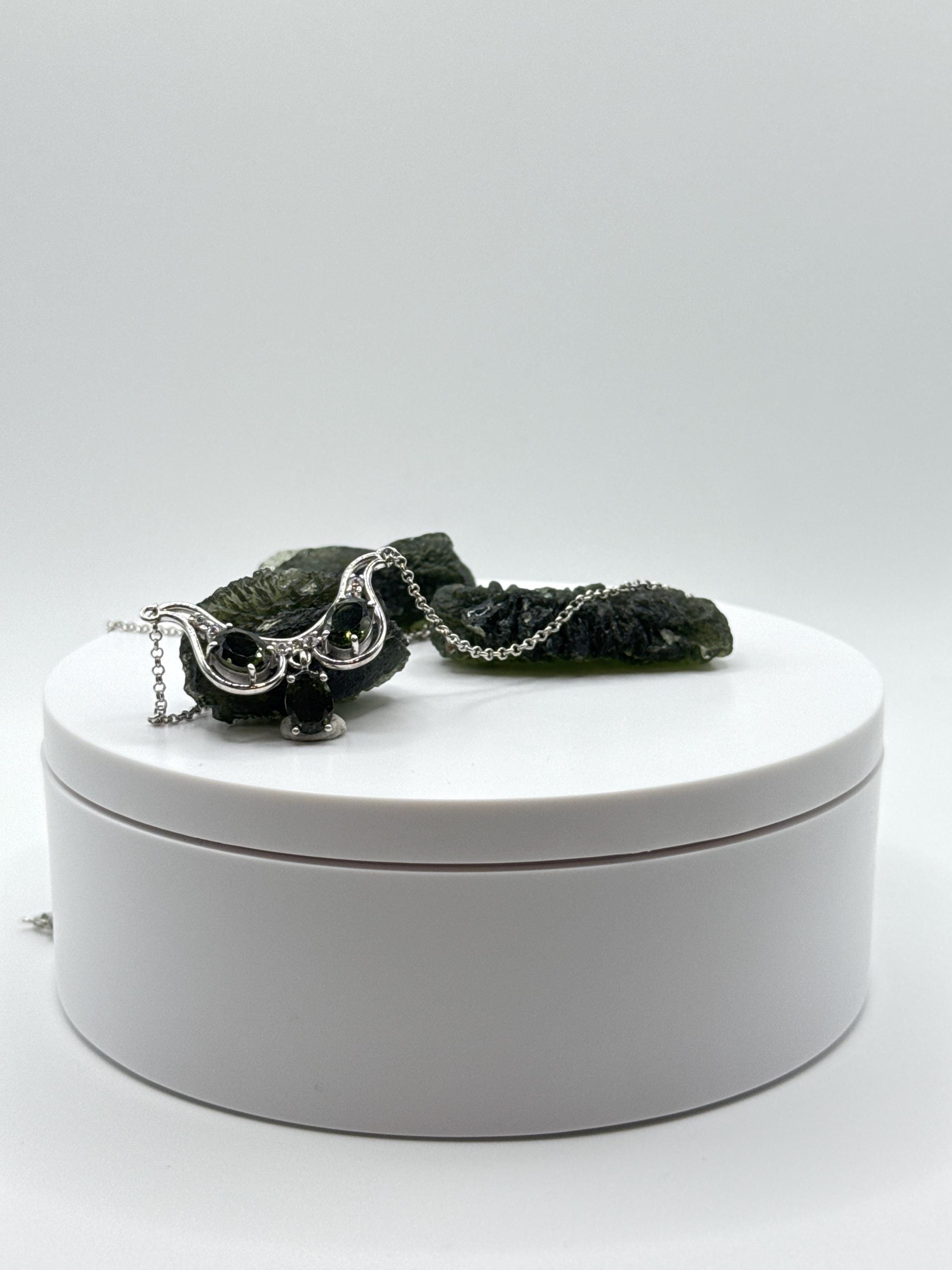 Sterling Silver Moldavite Necklace – Triple Oval-cut Gemstones - 6.28 Grams