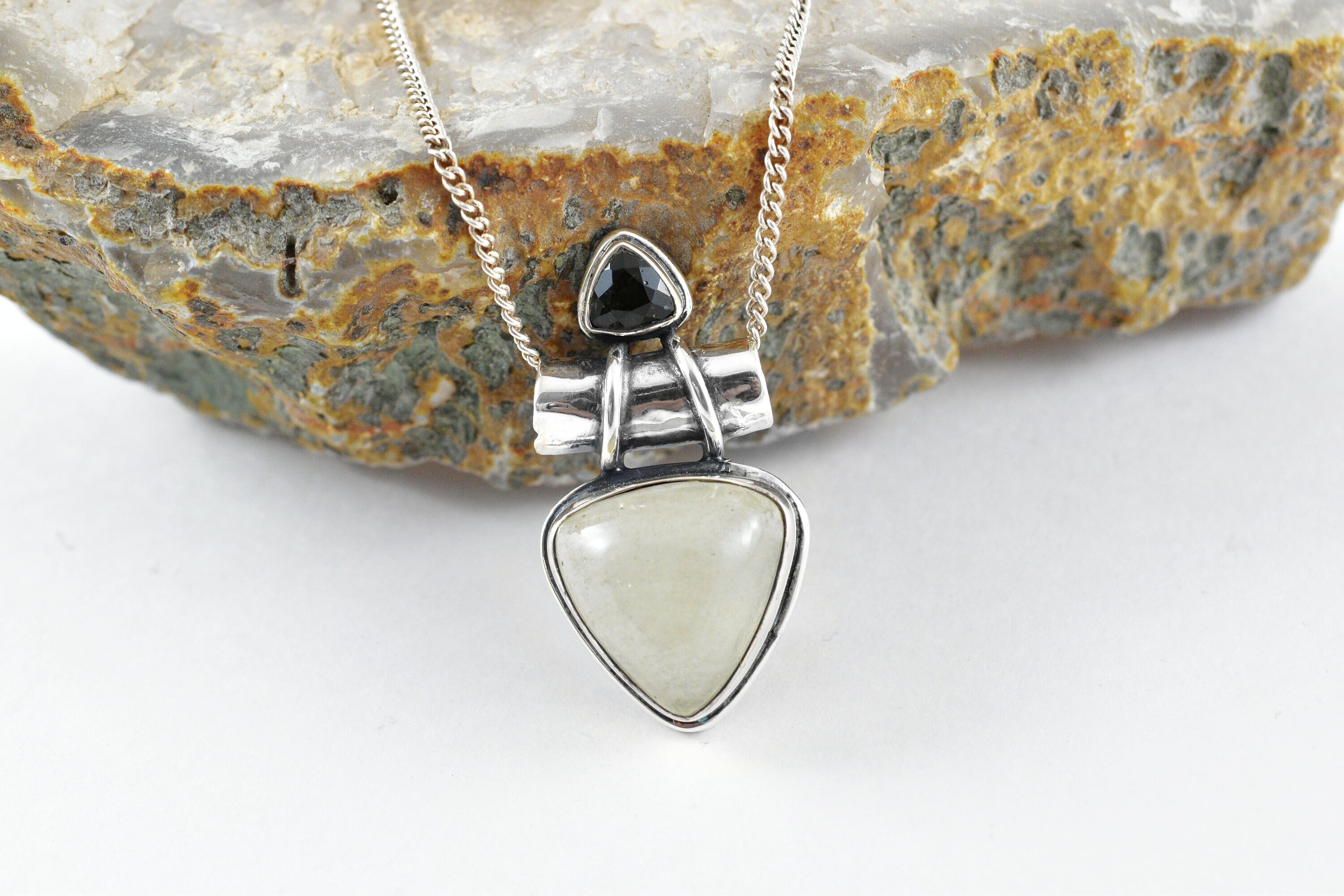 Moldavite Trillion & Libyan Glass Sterling Silver Necklace