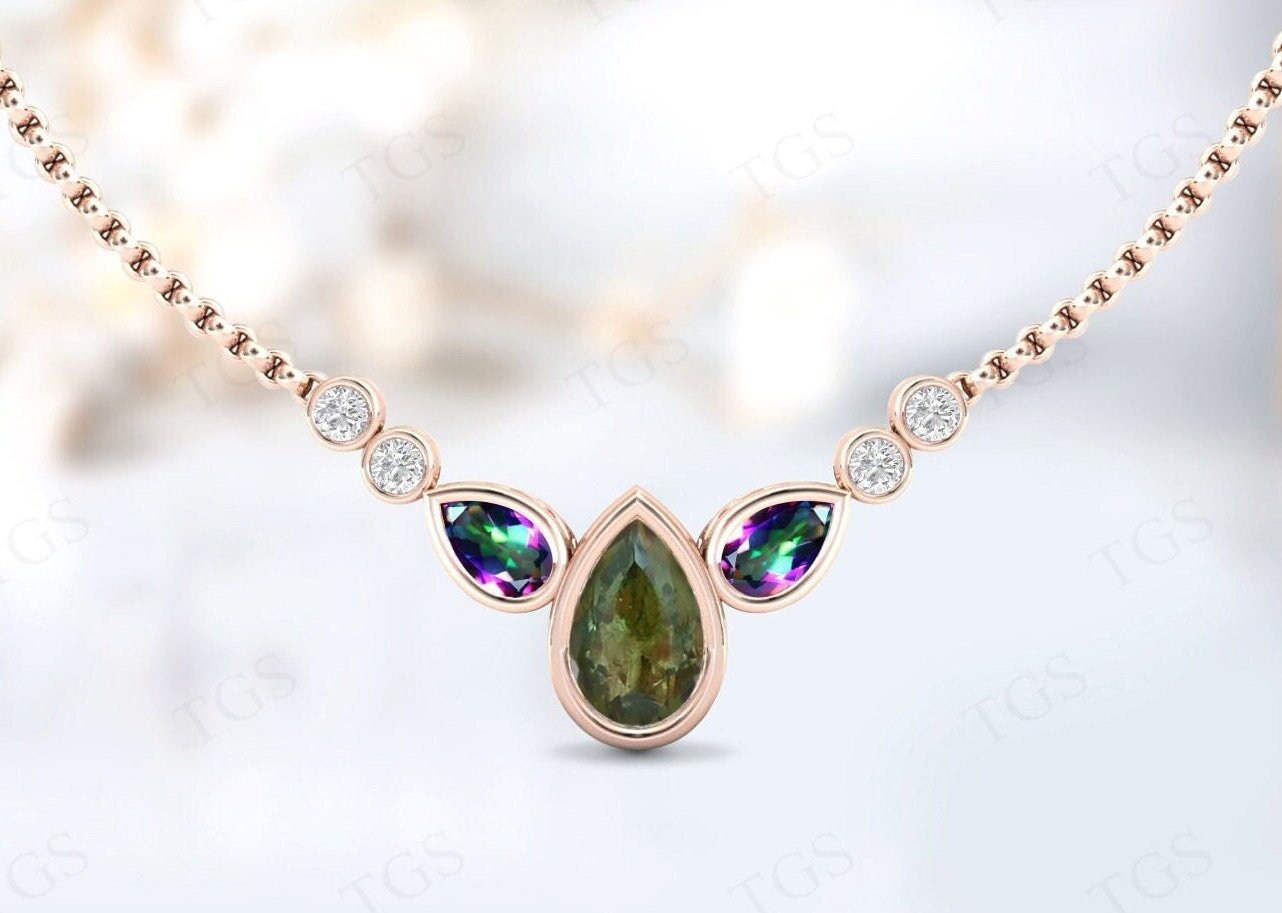 Unique Moldavite Tear Drop Necklace For Women 925 Sterling Silver Art Deco Multi Gemstone Wedding Necklace For Women Pear Shaped Necklace