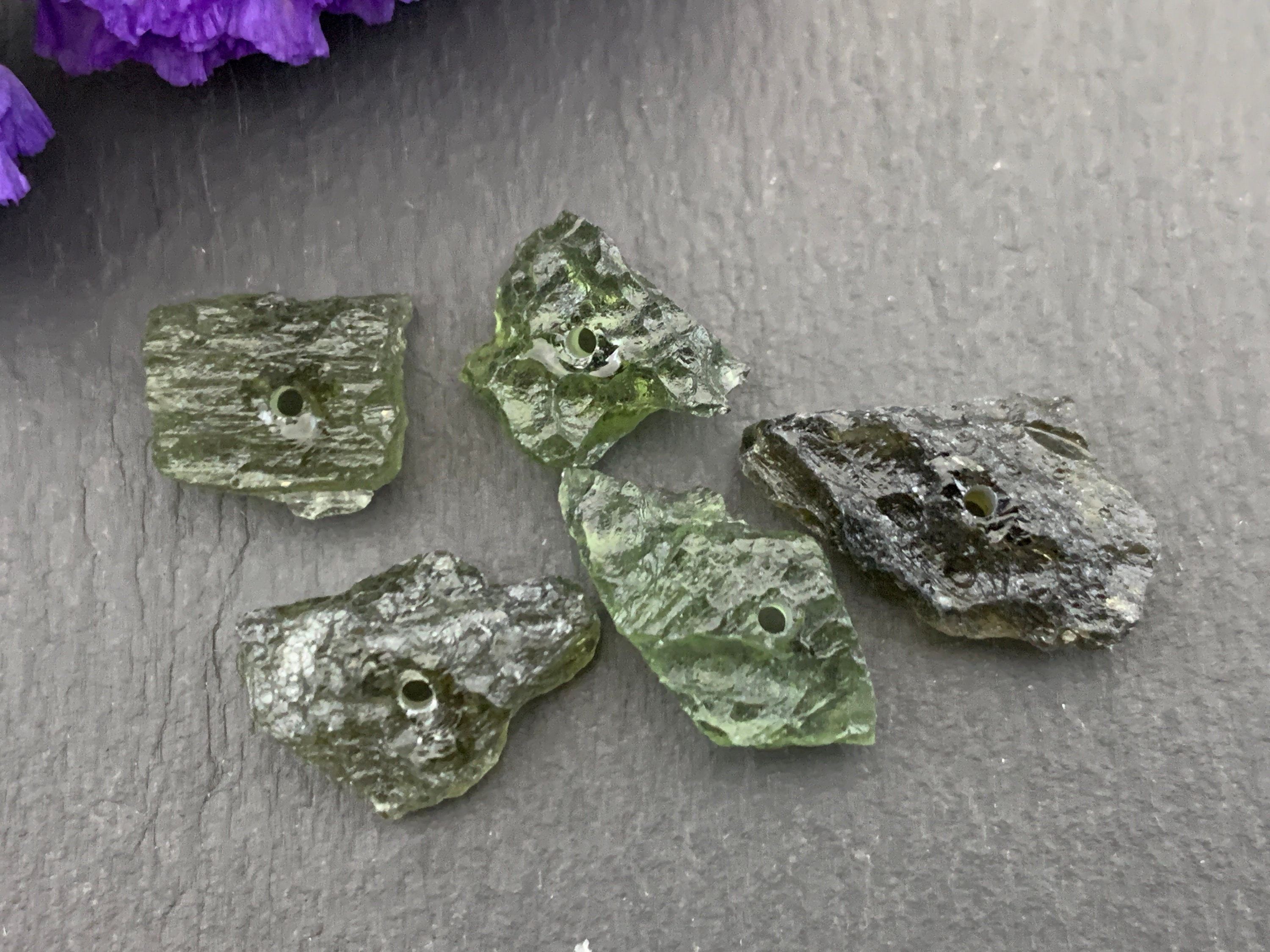 Natural Moldavite Beads: Lot Of 5, Olive Green From Czech Republic