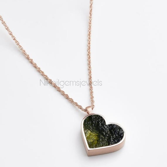 14k Gold A-grade Moldavite Heart Pendant: Sterling Silver High Vibration Jewelry