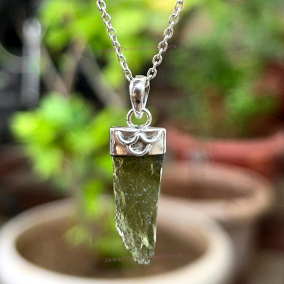 Authentic Czech Moldavite Pendant: Raw Tektite, Sterling Silver Authentic Czech Moldavite Pendant: Raw Tektite, Sterling Silver
