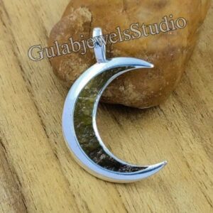 Sterling Silver Crescent Moldavite Pendant, Handmade Minimalist Necklace Sterling Silver Crescent Moldavite Pendant, Handmade Minimalist Necklace