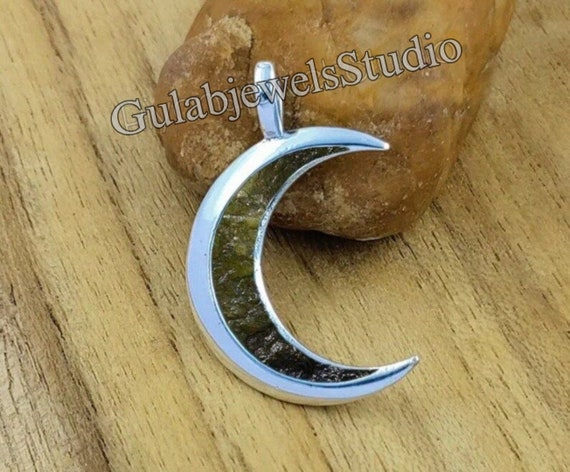 Sterling Silver Crescent Moldavite Pendant, Handmade Minimalist Necklace