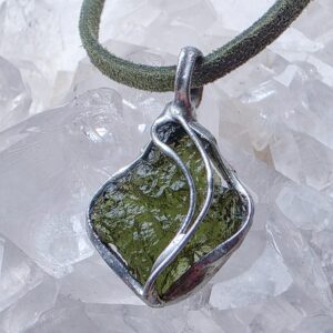Certified Moldavite Pendant, Green Meteorite Crystal Talisman, Vrábče Deposit