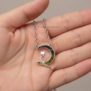 Dainty Moon Moldavite Pendant, 925 Sterling Silver, Handmade Dainty Moon Moldavite Pendant, 925 Sterling Silver, Handmade