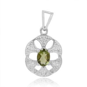 Faceted Moldavite Necklace With Cubic Zirconia, 7*5mm Oval Authentic Moldavite Sterling Silver Pendant Faceted Moldavite Necklace With Cubic Zirconia, 7*5mm Oval Authentic Moldavite Sterling Silver Pendant