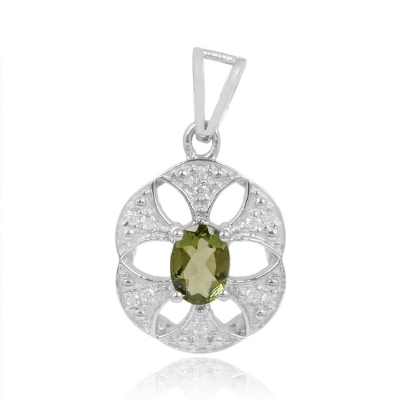 Faceted Moldavite Necklace With Cubic Zirconia, 7*5mm Oval Authentic Moldavite Sterling Silver Pendant
