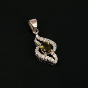 Faceted Moldavite Sterling Silver Pendant, Cubic Zirconia Necklace Faceted Moldavite Sterling Silver Pendant, Cubic Zirconia Necklace