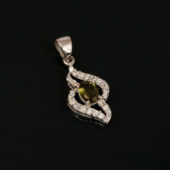 Faceted Moldavite Sterling Silver Pendant, Cubic Zirconia Necklace