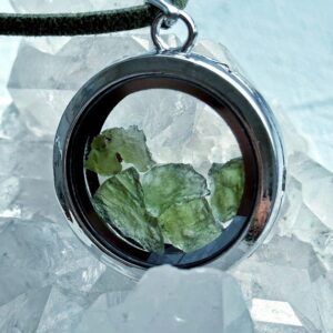 Moldavite Pendant: Genuine 1 G Meteorite, Stainless Steel Locket Moldavite Pendant: Genuine 1 G Meteorite, Stainless Steel Locket