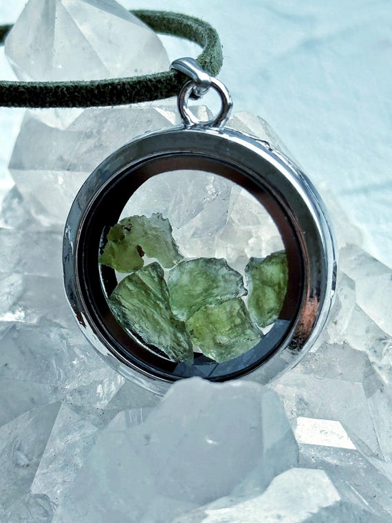 Moldavite Pendant: Genuine 1 G Meteorite, Stainless Steel Locket