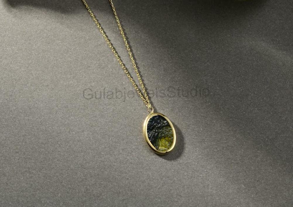 Handmade Moldavite Pendant, Sterling Silver Necklace, Minimalist Style Handmade Moldavite Pendant, Sterling Silver Necklace, Minimalist Style