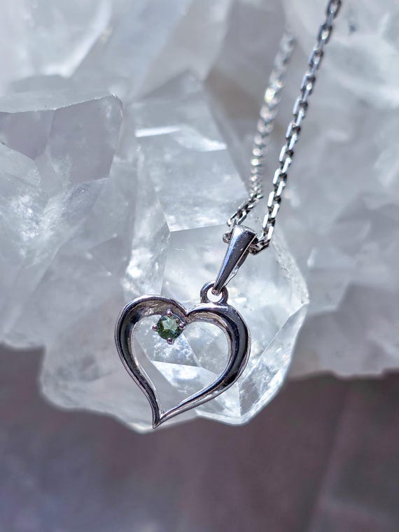 Heart Moldavite Sterling Silver, Brilliant Cut Moldavite Pendant, Czech Meteorite
