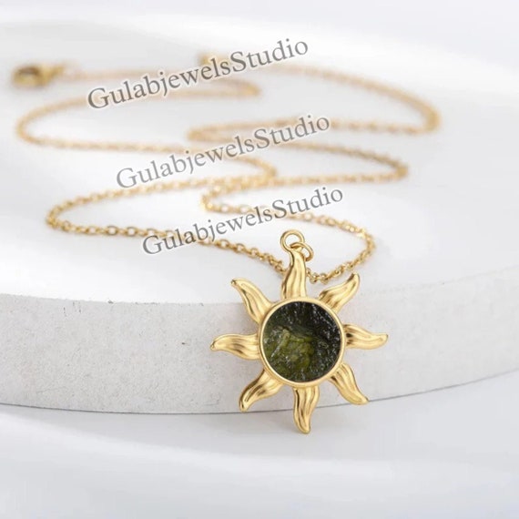 Raw Moldavite Sun Pendant, Sterling Silver, Handmade Necklace