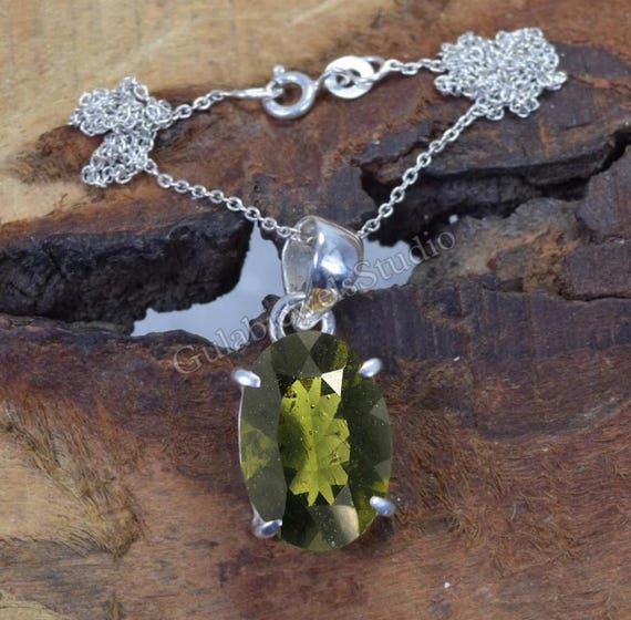 Oval Moldavite Pendant, 925 Sterling Silver Necklace, Raw Gemstone