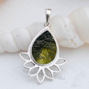Pear Moldavite Pendant, 925 Sterling Silver, Handmade Gemstone Pear Moldavite Pendant, 925 Sterling Silver, Handmade Gemstone