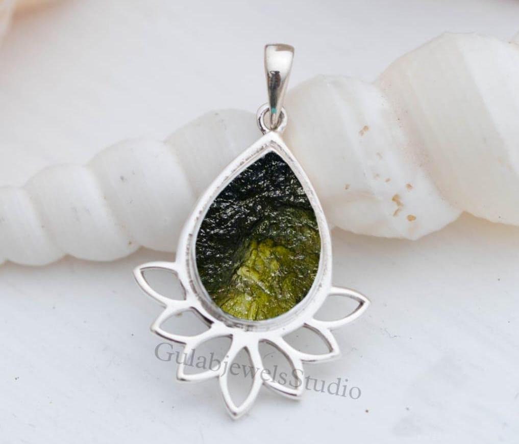 Pear Moldavite Pendant, 925 Sterling Silver, Handmade Gemstone