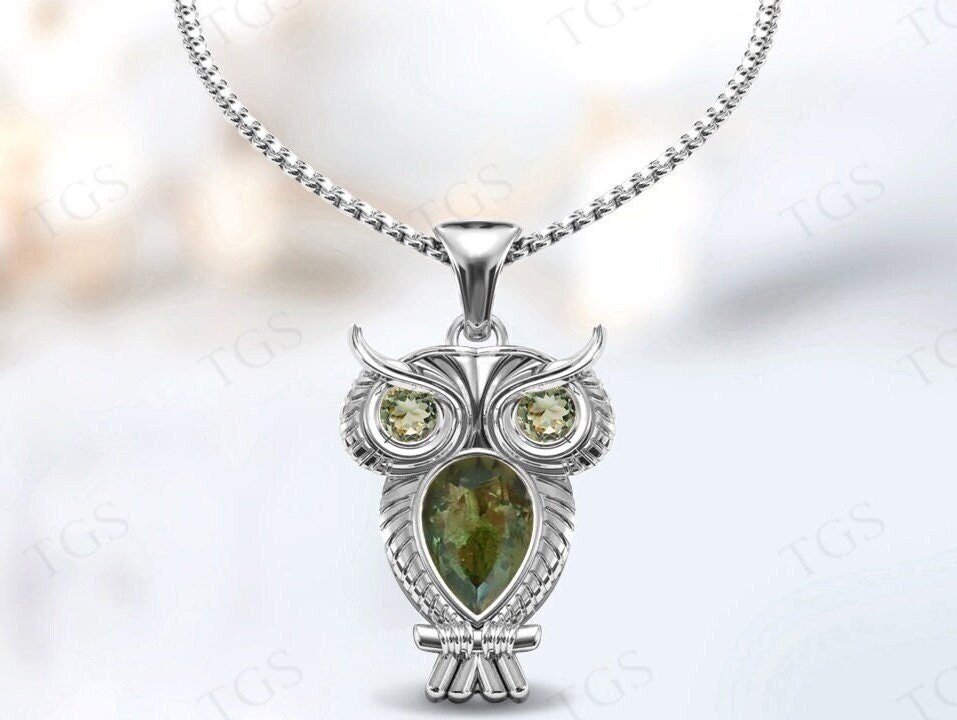 Pear Shaped Moldavite Owl Bird Pendant For Women Lucky Charm Owl Pendant Vintage Multi Gemstone Pendant Rose Gold Moldavite Bird Necklace