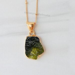Raw Moldavite Pendant, 925 Sterling Silver Necklace, Green Gemstone Raw Moldavite Pendant, 925 Sterling Silver Necklace, Green Gemstone