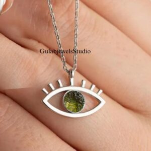 Raw Moldavite Evil Eye Pendant, 925 Sterling Silver, Handmade Raw Moldavite Evil Eye Pendant, 925 Sterling Silver, Handmade