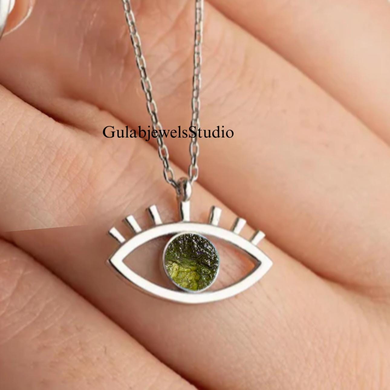 Raw Moldavite Evil Eye Pendant, 925 Sterling Silver, Handmade