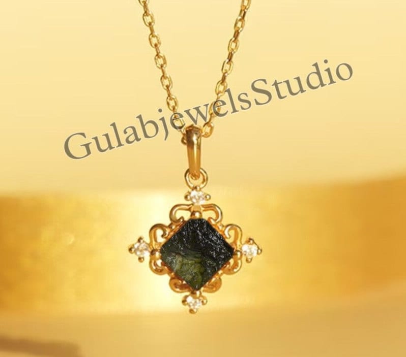 Raw Moldavite Pendant In Sterling Silver | Boho Jewelry