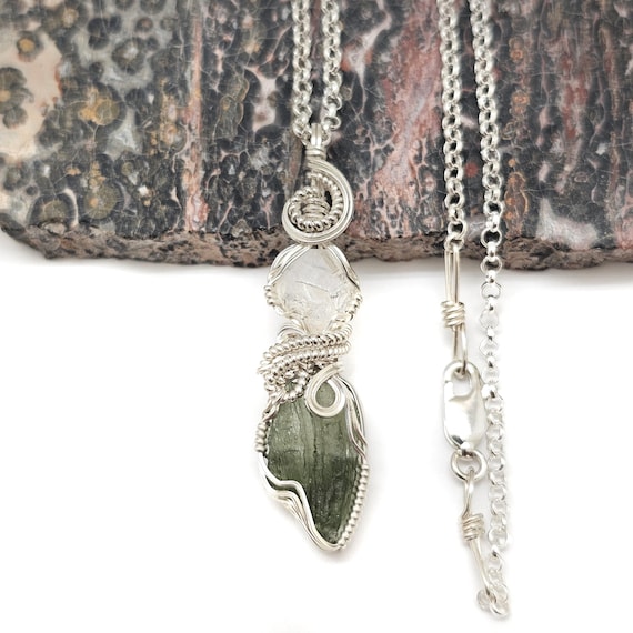 Raw Phenakite Crystal And Moldavite Pendant In Sterling Silver Wire W/free 18" Sterling Silver Chain -- Super Clarity In This Amazing Combo!