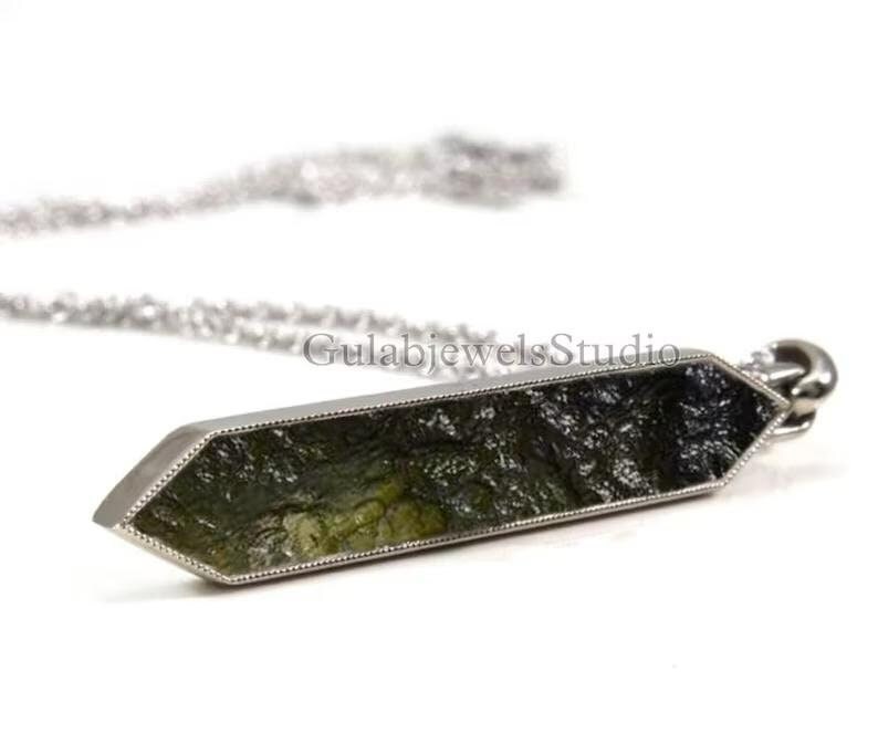 Raw Moldavite Sterling Silver Pendant, Handmade Gemstone Necklace Raw Moldavite Sterling Silver Pendant, Handmade Gemstone Necklace