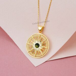 Raw Moldavite Pendant, 925 Sterling Silver Necklace, Sun Style Raw Moldavite Pendant, 925 Sterling Silver Necklace, Sun Style