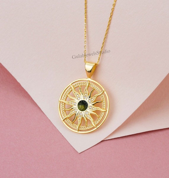 Raw Moldavite Pendant, 925 Sterling Silver Necklace, Sun Style