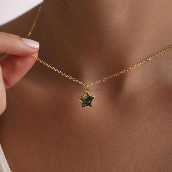 Moldavite Star Pendant: 14k Gold, Sterling Silver, High Vibration Jewelry, Star Shape Moldavite Pendant With Chain