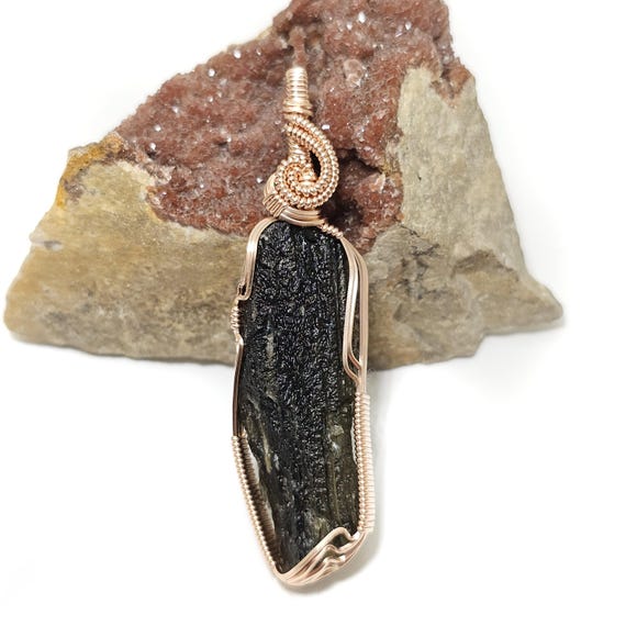 Unique Naturally Curved Moldavite Specimen Pendant In 14k Rose Gold Filled Wire - Great Size, Color & Very Unusual Formation!