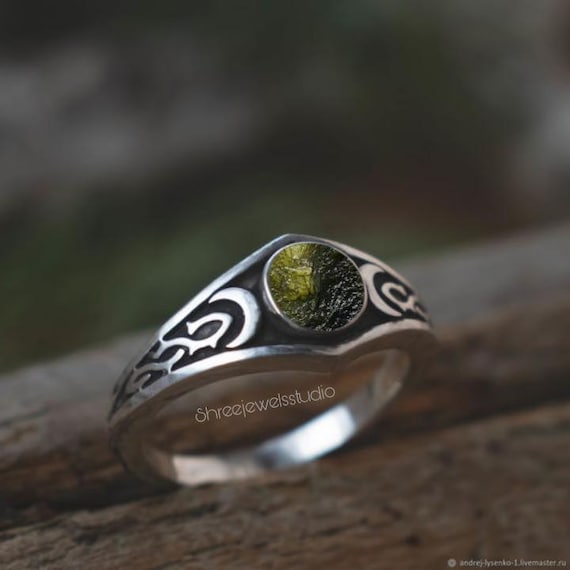 A Grade Certified Moon Phase Ring, Natural Rough Moldavite Ring, Moon Ring Sterling Silver Genuine, Czech Republic Moldavite, Raw Moldavite