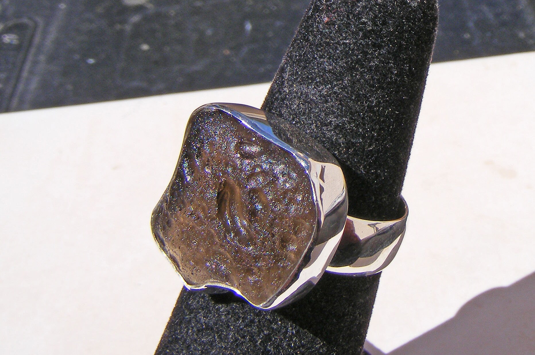 Colombianite Ring, Tektite From South America, Like Moldavite, Size  7, Sterling Silver