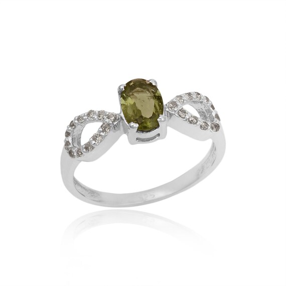Faceted Moldavite Ring, 7*5mm Oval Authentic Moldavite With Cubic Zirconia, Sterling Silver Ring