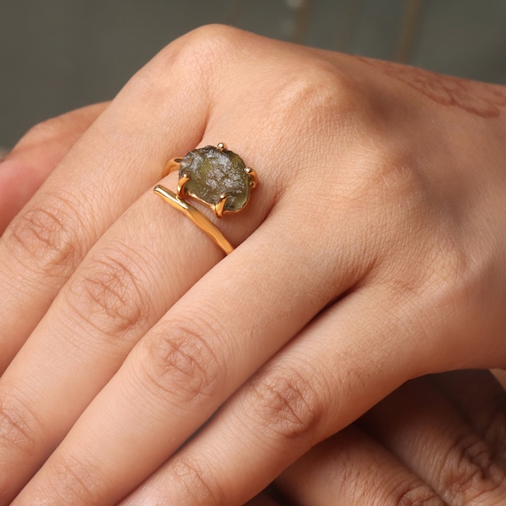 Handmade Raw Moldavite Ring: 14k Gold Sterling Silver Anniversary Jewelry