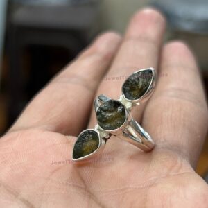 Handmade Raw Moldavite Ring: 925 Sterling Silver Teardrop Tektite Jewelry