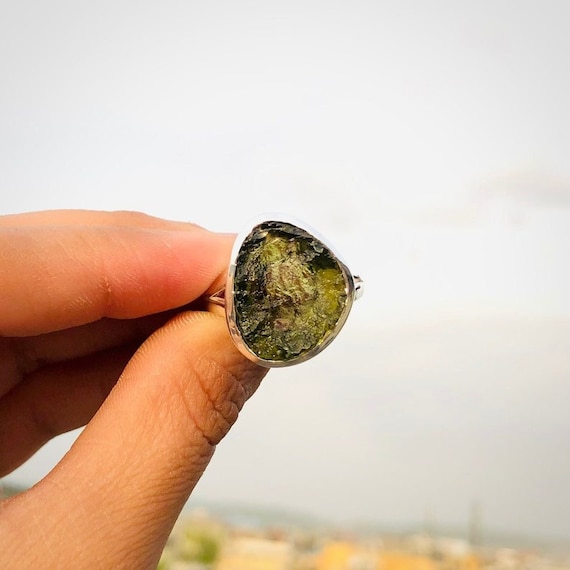 Handmade Rough Moldavite Ring: 925 Sterling Silver Gemstone Jewelry Handmade Rough Moldavite Ring: 925 Sterling Silver Gemstone Jewelry