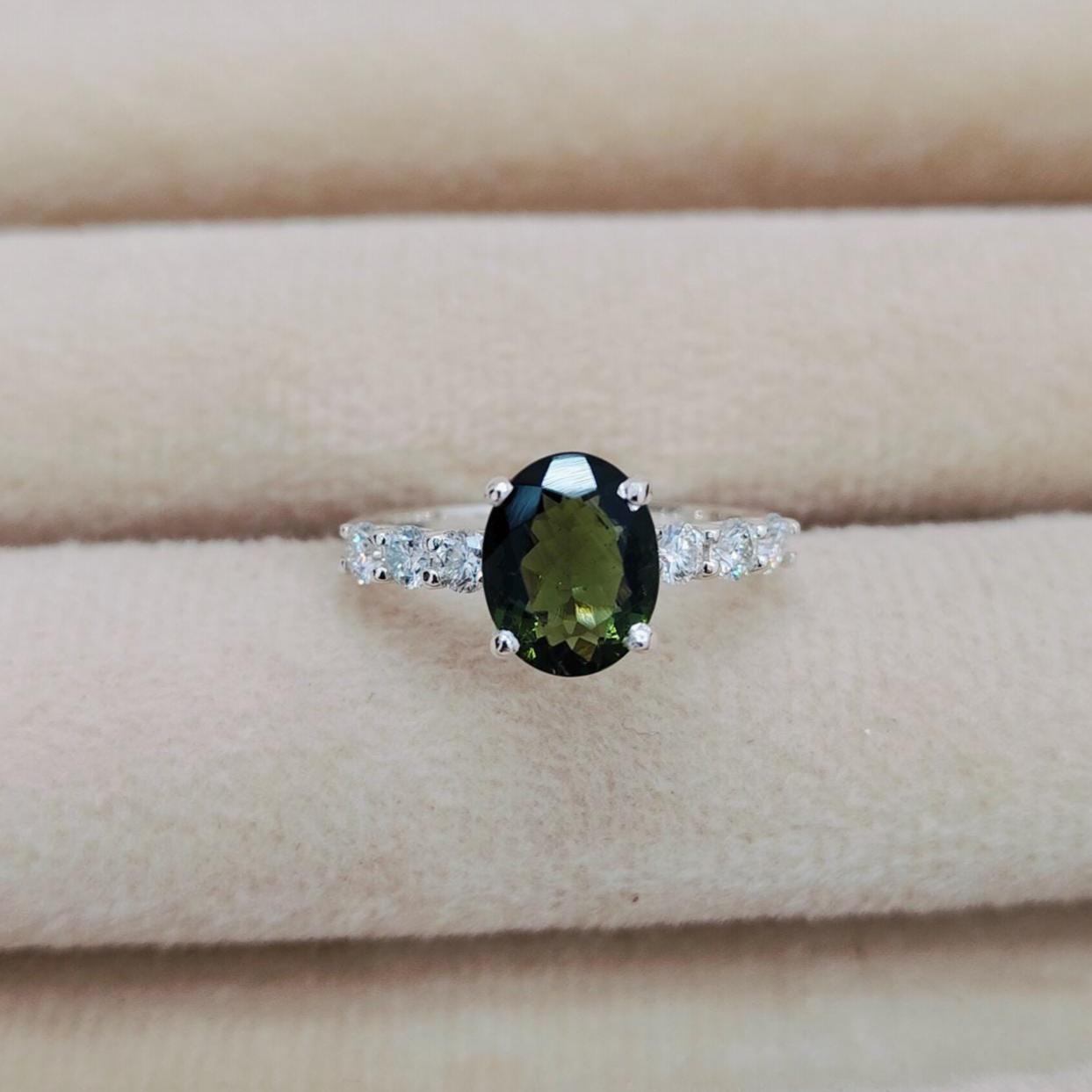 Natural Moldavite Moissanite Ring, 925 Sterling Silver Ring, Oval Cut Moldavite Ring, Real Moissanite Ring, Green Moldavite Silver Ring
