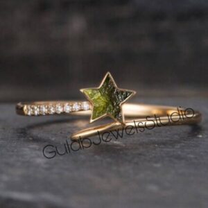 Raw Moldavite Star Ring, 925 Sterling Silver, Meteorite Ring