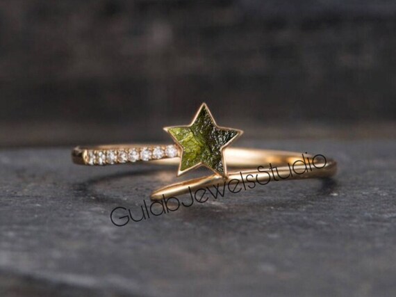 Raw Moldavite Star Ring, 925 Sterling Silver, Meteorite Ring