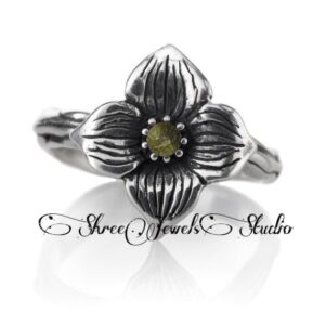 Natural Raw Moldavite Floral Silver Ring-hand Made Silver Ring With Moldavite Stone For Women, Unique Present, Gift For Her