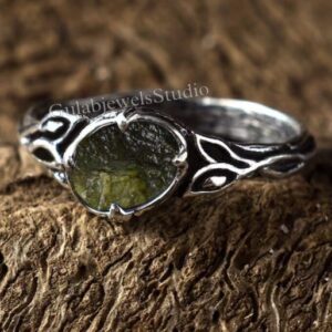 Raw Moldavite Sterling Silver Ring, Tree Bark Vine Band, Anniversary Gift