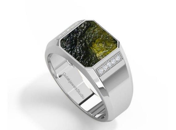 Raw Moldavite Sterling Silver Ring, Boho Twig Band Raw Moldavite Sterling Silver Ring, Boho Twig Band