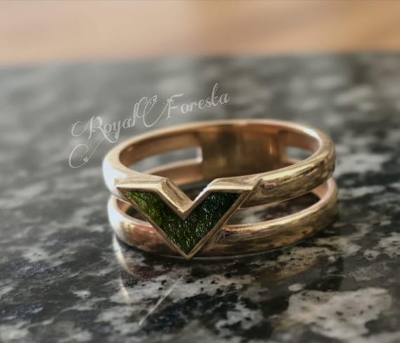 Raw Moldavite Ring Gold & Sterling Silver Meteorite Statement Ring