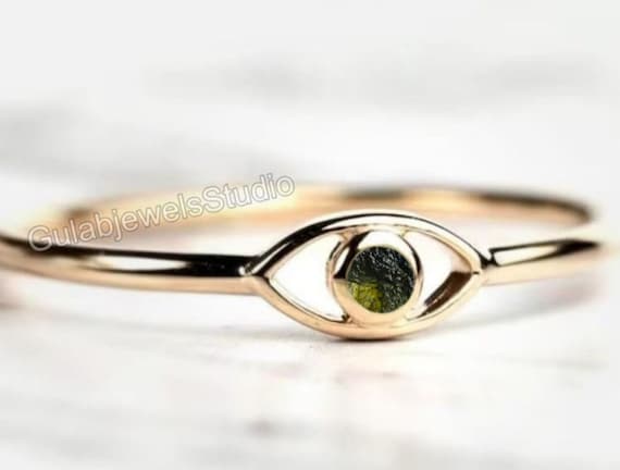 Sterling Silver Evil Eye Ring With Genuine Moldavite Sterling Silver Evil Eye Ring With Genuine Moldavite