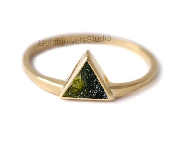 Trilliant Moldavite Ring, Sterling Silver, Unique Meteorite Ring