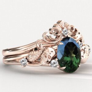 Vintage Moldavite Engagement Ring Set Art Deco Moldavite Wedding Ring Set Unique Filigree Style Bridal Antique Leaf Style Promise Ring Set