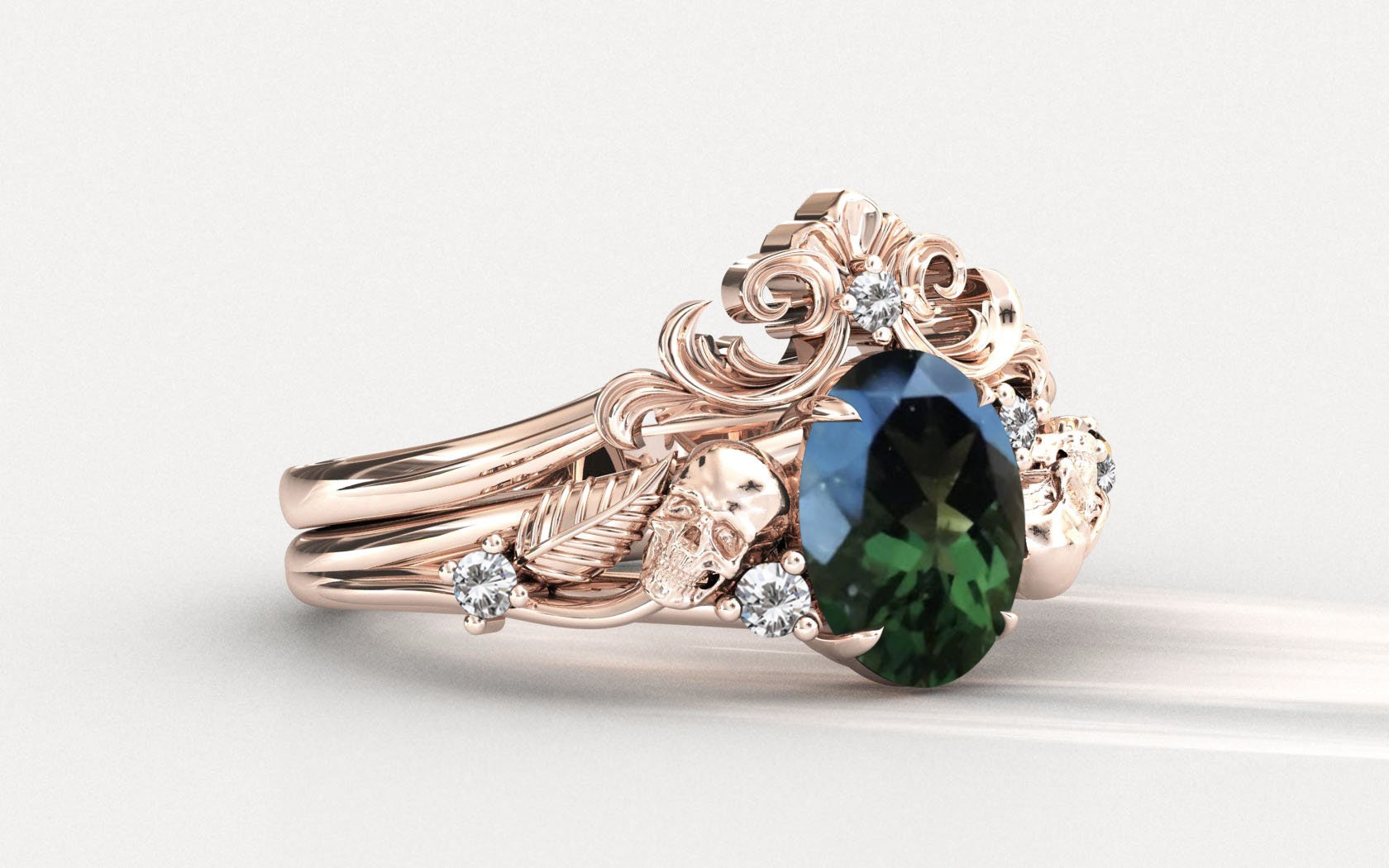 Vintage Moldavite Engagement Ring Set Art Deco Moldavite Wedding Ring Set Unique Filigree Style Bridal Antique Leaf Style Promise Ring Set